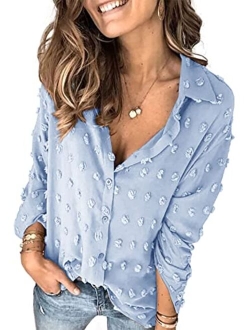 Hount Womens Button Down V Neck Long Sleeve Shirts Casual Pom Poms Blouse Work Tops