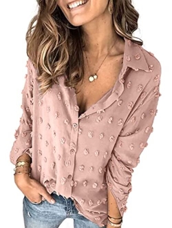 Hount Womens Button Down V Neck Long Sleeve Shirts Casual Pom Poms Blouse Work Tops