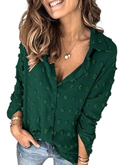 Hount Womens Button Down V Neck Long Sleeve Shirts Casual Pom Poms Blouse Work Tops