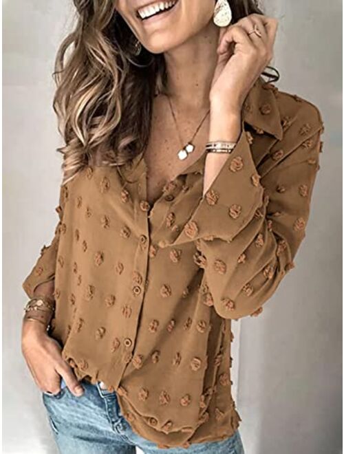 Hount Womens Button Down V Neck Long Sleeve Shirts Casual Pom Poms Blouse Work Tops