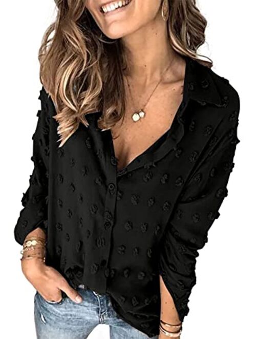 Hount Womens Button Down V Neck Long Sleeve Shirts Casual Pom Poms Blouse Work Tops