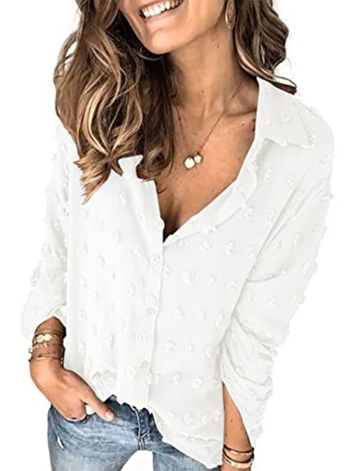 Hount Womens Button Down V Neck Long Sleeve Shirts Casual Pom Poms Blouse Work Tops