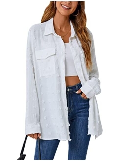 Womens Button Down Shirts White Long Sleeve Collared Business Casual Tops Work Blouses