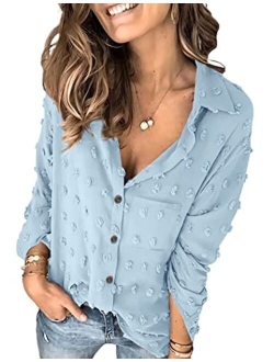 Women Long Sleeve Shirt Chiffon Button Down Blouses Swiss Dot Pom Tops Oversize Boyfriend Shirts with Pocket S-XXL