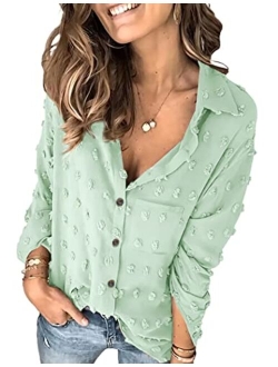 Women Long Sleeve Shirt Chiffon Button Down Blouses Swiss Dot Pom Tops Oversize Boyfriend Shirts with Pocket S-XXL