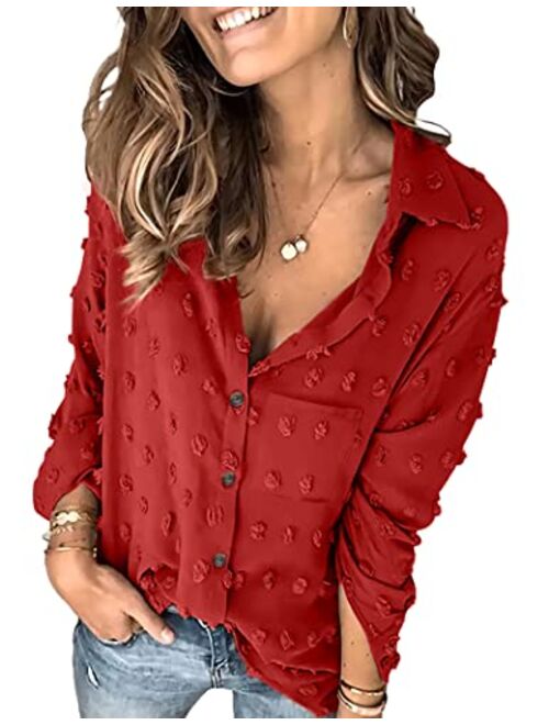 Hotouch Women Long Sleeve Shirt Chiffon Button Down Blouses Swiss Dot Pom Tops Oversize Boyfriend Shirts with Pocket S-XXL