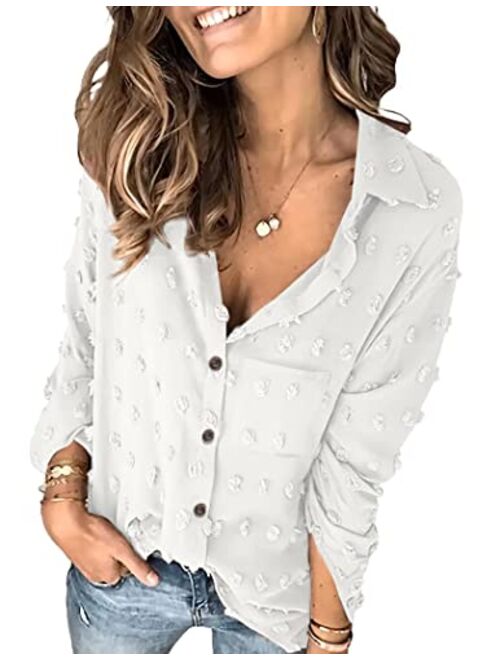 Hotouch Women Long Sleeve Shirt Chiffon Button Down Blouses Swiss Dot Pom Tops Oversize Boyfriend Shirts with Pocket S-XXL