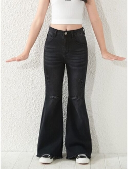 Girls Ripped Raw Hem Flare Leg Jeans