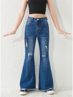 Girls Ripped Raw Hem Flare Leg Jeans