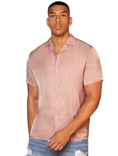 OYOANGLE Men's Silk Short Sleeve Dress Shirts Satin Button Up Collared Shirts