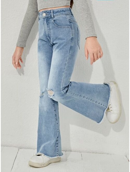 Shein Girls Ripped Raw Hem Flare Leg Jeans