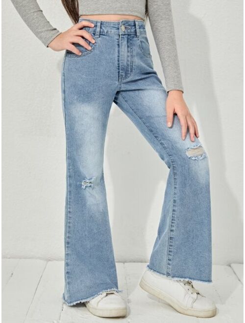 Shein Girls Ripped Raw Hem Flare Leg Jeans