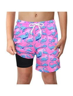 LUCOWEE Boys Swim Trunks with Boxer Brief Liner Compression Anti Chafe Swimming Shorts Stretchy UPF Quick Dry Swimsuit