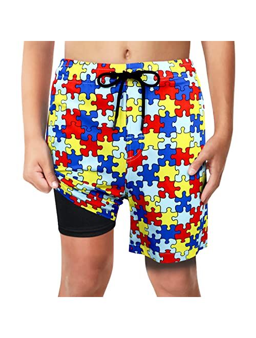 LUCOWEE Boys Swim Trunks with Boxer Brief Liner Compression Anti Chafe Swimming Shorts Stretchy UPF Quick Dry Swimsuit