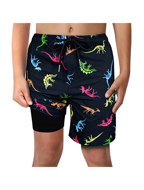 LUCOWEE Boys Swim Trunks with Boxer Brief Liner Compression Anti Chafe Swimming Shorts Stretchy UPF Quick Dry Swimsuit