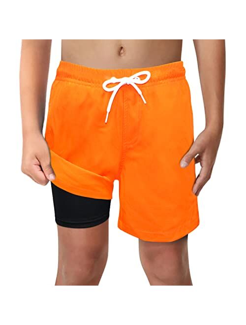 LUCOWEE Boys Swim Trunks with Boxer Brief Liner Compression Anti Chafe Swimming Shorts Stretchy UPF Quick Dry Swimsuit