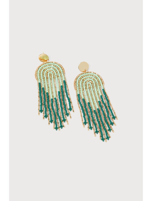 Lulus Fabulous Stance Green and Gold Beaded Fringe Statement Earrings