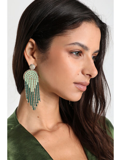 Lulus Fabulous Stance Green and Gold Beaded Fringe Statement Earrings