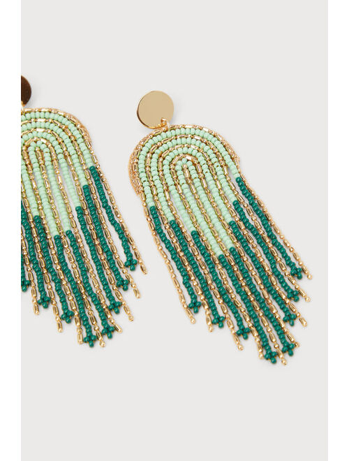 Lulus Fabulous Stance Green and Gold Beaded Fringe Statement Earrings