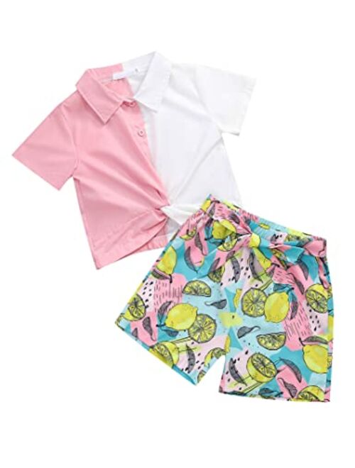 LIONJIE Girl's Short Sets Button Down Shirts Twist Wrap Tops Printed Shorts Summer 2 Piece Outfits 3-12Y