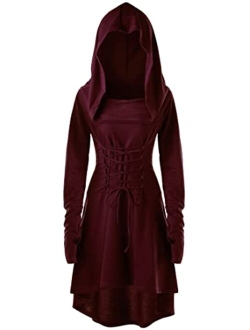 FEOYA Women Dark Gothic Dress Victorian Viking Pirate Hooded Cloak Dresses Robe with Lace Up Bell Sleeve