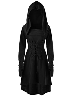 FEOYA Women Dark Gothic Dress Victorian Viking Pirate Hooded Cloak Dresses Robe with Lace Up Bell Sleeve