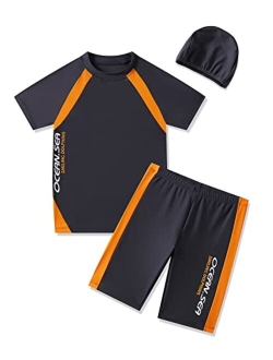 Kid1234 Boys Swimsuits UPF50+UV Swimwear Set Two Piece Rash Guard with Hat for Kids 4-14 Years