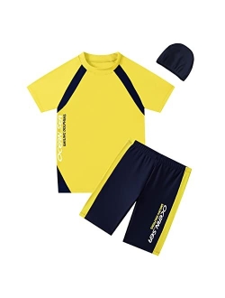 Kid1234 Boys Swimsuits UPF50+UV Swimwear Set Two Piece Rash Guard with Hat for Kids 4-14 Years