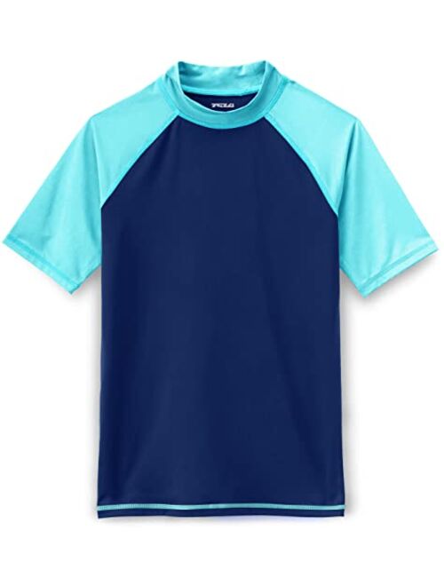 TSLA UPF 50+ Youth Kids Rash Guard Short Sleeve, UV/SPF Surf Swim Shirt, Aqua Water Swimsuit Top