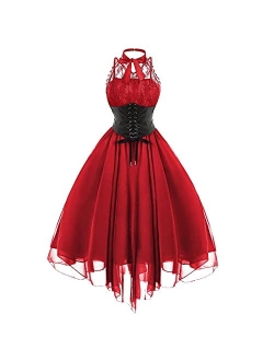 SHOPESSA Women's Sleeveless Gothic Dress with Corset Halter Lace Swing Cocktail Dress Formal Halloween Punk Hippie Dresses