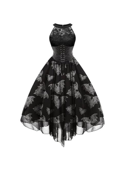 SHOPESSA Women's Sleeveless Gothic Dress with Corset Halter Lace Swing Cocktail Dress Formal Halloween Punk Hippie Dresses