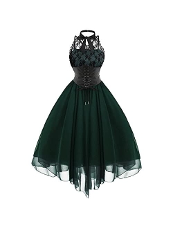 SHOPESSA Women's Sleeveless Gothic Dress with Corset Halter Lace Swing Cocktail Dress Formal Halloween Punk Hippie Dresses