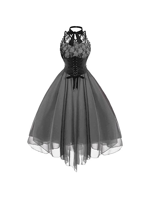 SHOPESSA Women's Sleeveless Gothic Dress with Corset Halter Lace Swing Cocktail Dress Formal Halloween Punk Hippie Dresses