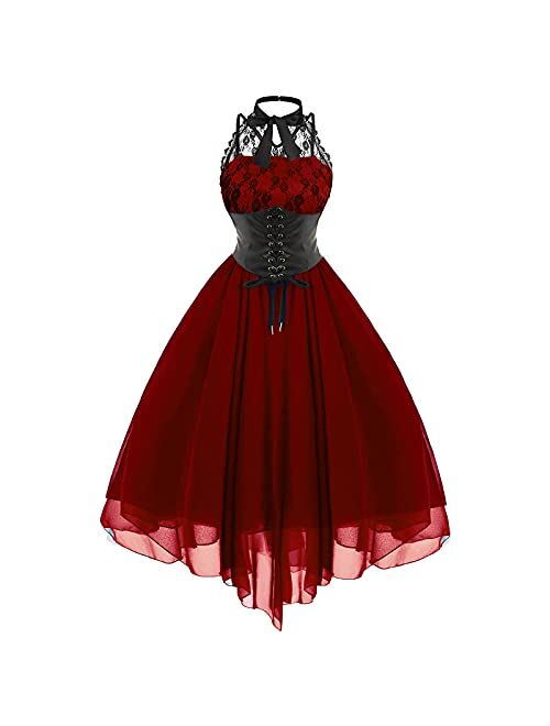 SHOPESSA Women's Sleeveless Gothic Dress with Corset Halter Lace Swing Cocktail Dress Formal Halloween Punk Hippie Dresses