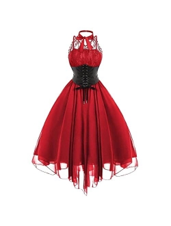 Odizli Women's Sleeveless/Long Sleeves Gothic Dress with Corset Halter Lace Swing Cocktail Dress