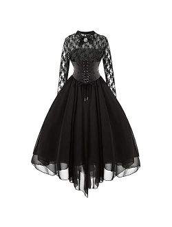 Odizli Women's Sleeveless/Long Sleeves Gothic Dress with Corset Halter Lace Swing Cocktail Dress