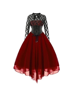 Odizli Women's Sleeveless/Long Sleeves Gothic Dress with Corset Halter Lace Swing Cocktail Dress