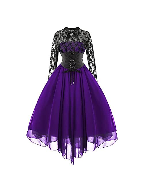 Odizli Women's Sleeveless/Long Sleeves Gothic Dress with Corset Halter Lace Swing Cocktail Dress