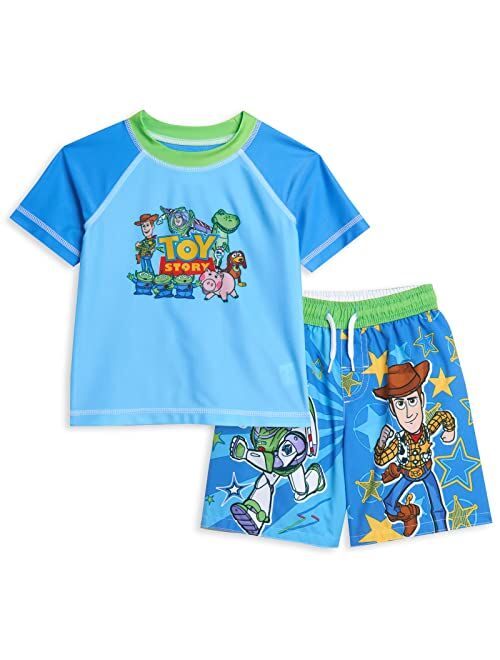 Disney Pixar Toy Story Alien Rex Slinky Dog Woody Baby Pullover Rash Guard and Swim Trunks Outfit Set Infant to Little Kid