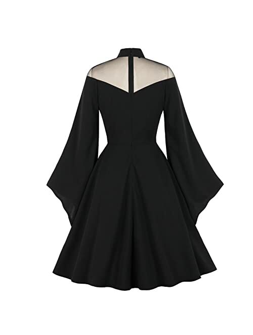 Ethbox Harajuku Vintage Dress Halloween Mesh Belle Sleeve Black Dress Emo Dress Gothic Dress Hollow Mesh Dress