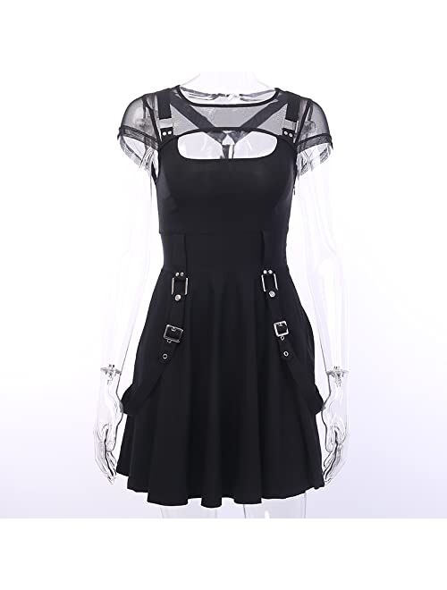 Byvheh Dark Gothic Punk Black Dresses Harajuku High Waist Aesthetic Vintage Chic Strap Backless Summer Split Dress