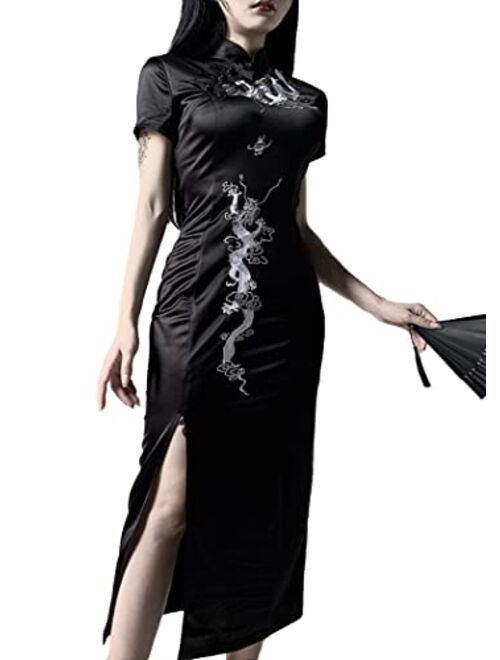 Tsmnzmu Goth Long Black Dress Women Elegant Vintage Evening Dress Chinese Embroidery Women Slim Fit Gothic Party Dress