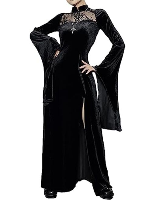 Tsmnzmu Goth Long Black Dress Women Elegant Vintage Evening Dress Chinese Embroidery Women Slim Fit Gothic Party Dress