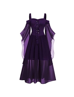 pbnbp Women's Gothic Witchy Dresses Butterfly Sleeve Sweetheart Neck Lace Up Halloween Medieval Costumes Maxi Prom Goth Dress