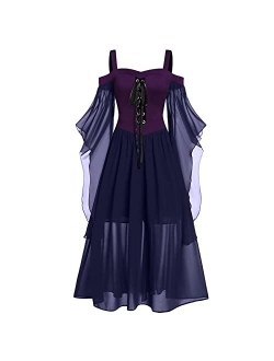 pbnbp Women's Gothic Witchy Dresses Butterfly Sleeve Sweetheart Neck Lace Up Halloween Medieval Costumes Maxi Prom Goth Dress