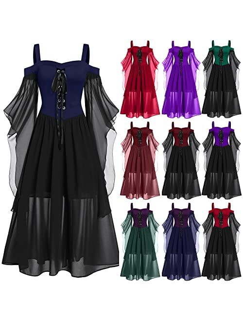 pbnbp Women's Gothic Witchy Dresses Butterfly Sleeve Sweetheart Neck Lace Up Halloween Medieval Costumes Maxi Prom Goth Dress