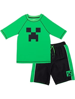 Minecraft Zombie Creeper Alex Steve Rash Guard and Swim Trunks Outfit Set Little Kid to Big Kid