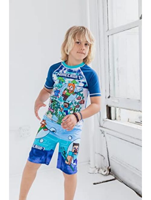 Minecraft Zombie Creeper Alex Steve Rash Guard and Swim Trunks Outfit Set Little Kid to Big Kid