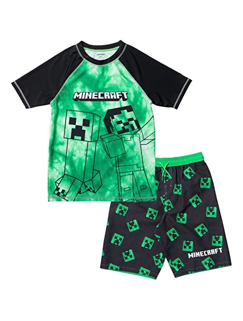 Minecraft Zombie Creeper Alex Steve Rash Guard and Swim Trunks Outfit Set Little Kid to Big Kid