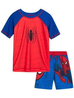Avengers Boys Rash Guard Set Spider-Man and Captain America Kids UPF 50  Swim Shirt and Trunks for Boys (3T-12)